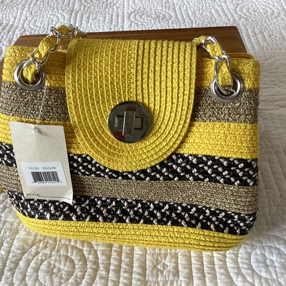 NWT Woven Yellow & Brown Striped Straw Shoulder Bag With Silver Chain Strap & Tu - Picture 1 of 13